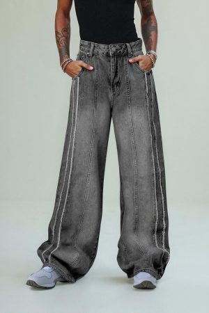 Concert Outfit Washed Distressed Raw Edge Baggy Jeans