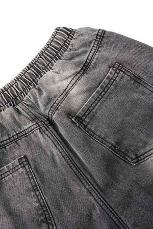 Concert Outfit Washed Distressed Raw Edge Drawstring Jeans