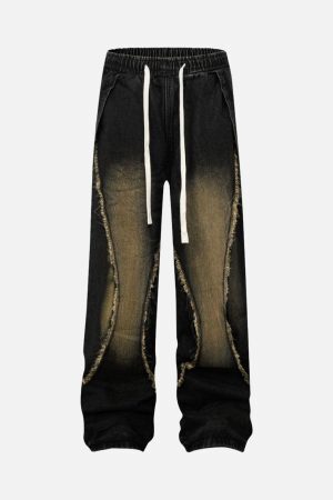 Concert Outfit Washed Distressed Raw Edge Drawstring Jeans