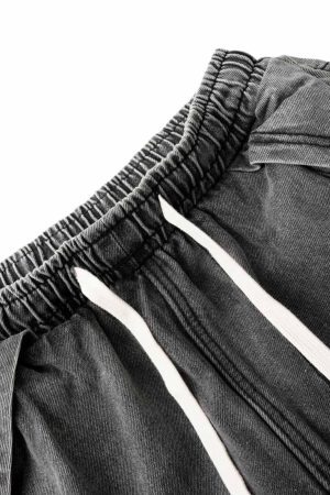 Concert Outfit Washed Distressed Raw Edge Drawstring Jeans