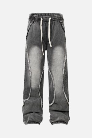 Concert Outfit Washed Distressed Raw Edge Drawstring Jeans