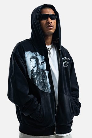 Concert Outfit Washed Distressed Retro Portrait Print Double Zipper Hoodie