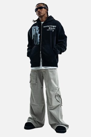 Concert Outfit Washed Distressed Retro Portrait Print Double Zipper Hoodie