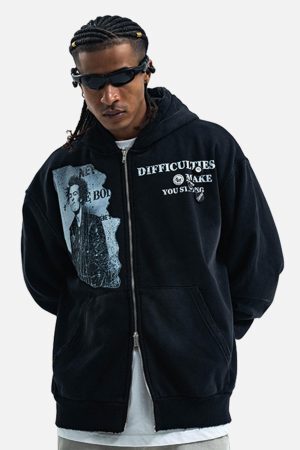 Concert Outfit Washed Distressed Retro Portrait Print Double Zipper Hoodie