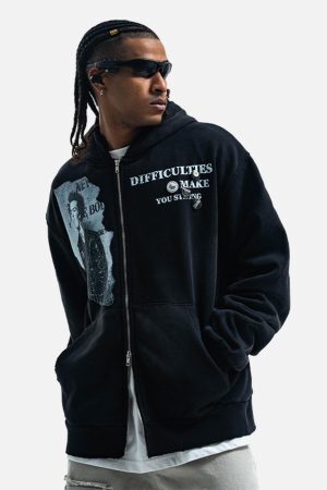 Concert Outfit Washed Distressed Retro Portrait Print Double Zipper Hoodie