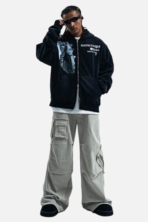 Concert Outfit Washed Distressed Retro Portrait Print Double Zipper Hoodie