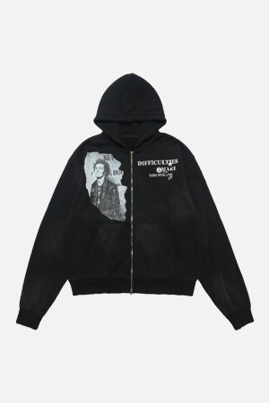 Concert Outfit Washed Distressed Retro Portrait Print Double Zipper Hoodie