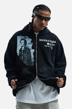 Concert Outfit Washed Distressed Retro Portrait Print Double Zipper Hoodie