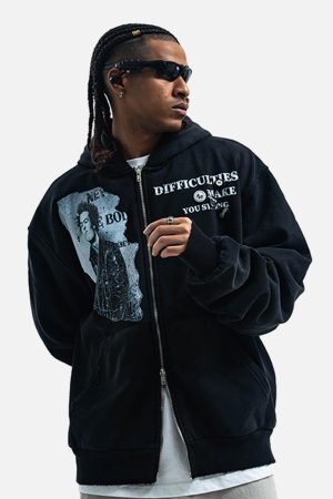 Concert Outfit Washed Distressed Retro Portrait Print Double Zipper Hoodie