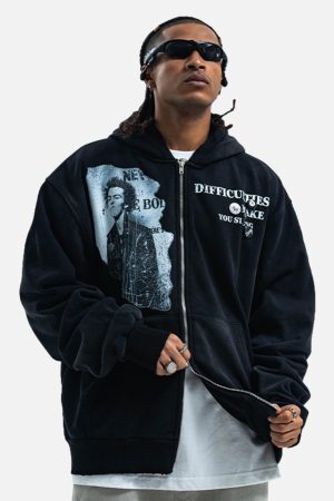 Concert Outfit Washed Distressed Retro Portrait Print Double Zipper Hoodie