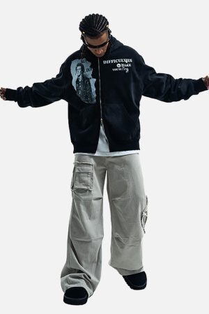 Concert Outfit Washed Distressed Retro Portrait Print Double Zipper Hoodie