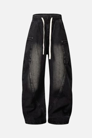 Concert Outfit Washed Distressed Split Drawstring Barrel Jeans