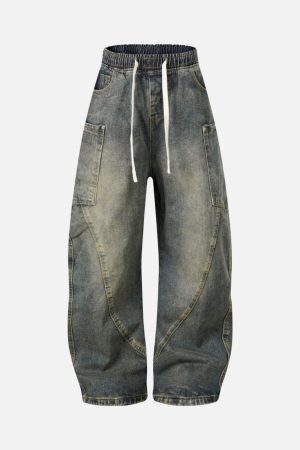 Concert Outfit Washed Distressed Split Drawstring Barrel Jeans