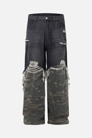 Concert Outfit Washed Distressed Stitching Camouflage Straight Jeans