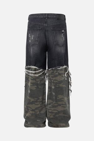Concert Outfit Washed Distressed Stitching Camouflage Straight Jeans