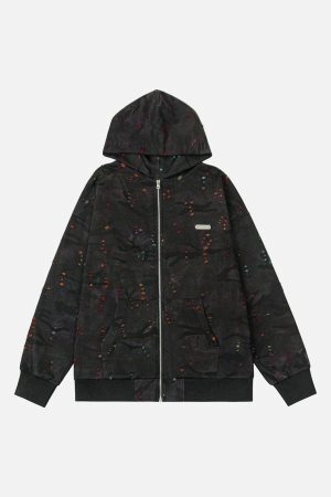 Concert Outfit Washed Distressed Zipper Hooded Jacket