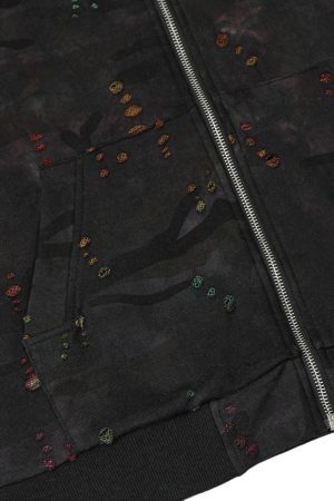 Concert Outfit Washed Distressed Zipper Hooded Jacket