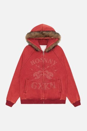 Concert Outfit Washed Fur Collar Zip Up Hoodie