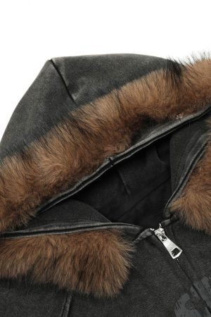 Concert Outfit Washed Fur Collar Zip Up Hoodie