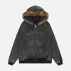 Concert Outfit Washed Fur Collar Zip Up Hoodie