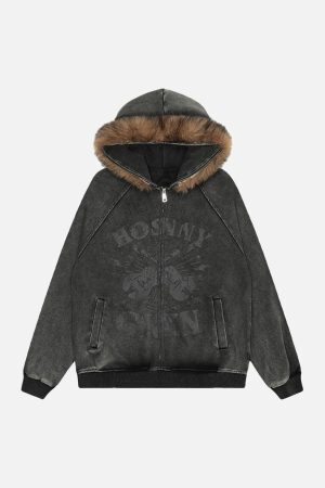 Concert Outfit Washed Fur Collar Zip Up Hoodie
