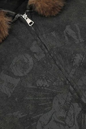 Concert Outfit Washed Fur Collar Zip Up Hoodie