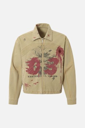 Concert Outfit Washed Graffiti Zip Up Workwear Jacket