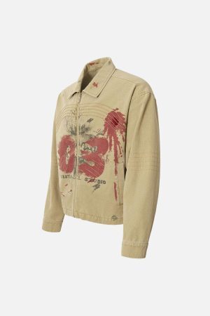 Concert Outfit Washed Graffiti Zip Up Workwear Jacket