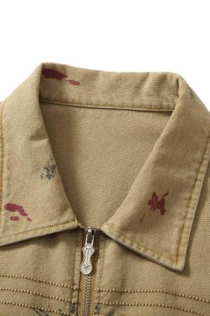 Concert Outfit Washed Graffiti Zip Up Workwear Jacket