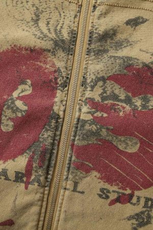 Concert Outfit Washed Graffiti Zip Up Workwear Jacket