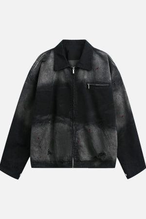 Concert Outfit Washed Ink Gradient Ripped Denim Jacket