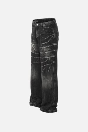 Concert Outfit Washed Lightning Print Loose Jeans