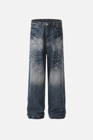 Concert Outfit Washed Lightning Print Loose Jeans