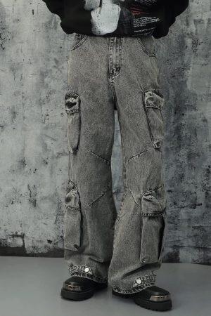 Concert Outfit Washed Multi-Pocket Cargo Jeans