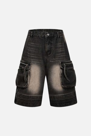 Concert Outfit Washed Multi-Pocket Denim Cargo Jorts