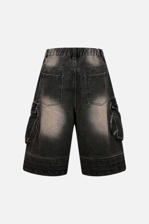 Concert Outfit Washed Multi-Pocket Denim Cargo Jorts