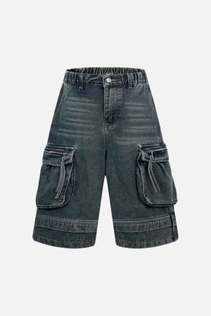 Concert Outfit Washed Multi-Pocket Denim Cargo Jorts