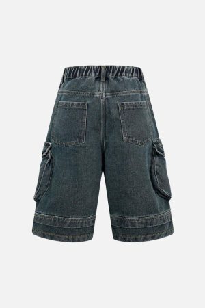 Concert Outfit Washed Multi-Pocket Denim Cargo Jorts