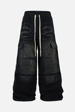 Concert Outfit Washed Multi Pocket Drawstring Cargo Jeans