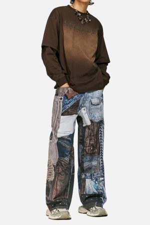 Concert Outfit Washed Patchwork Baggy Jeans