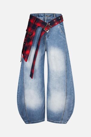 Concert Outfit Washed Plaid Belt Barrel Jeans