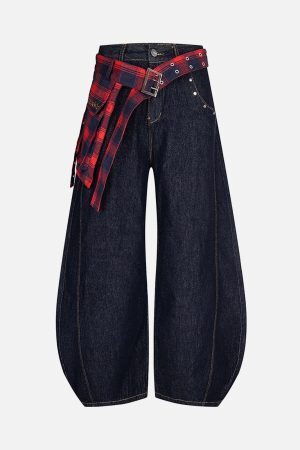 Concert Outfit Washed Plaid Belt Barrel Jeans