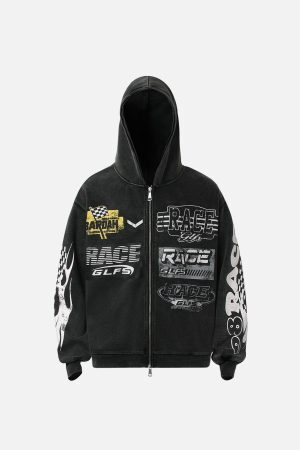 Concert Outfit Washed Racing Zip Up Hoodie