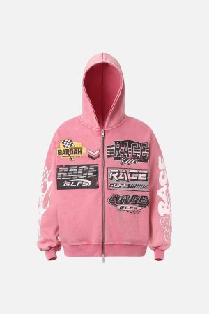 Concert Outfit Washed Racing Zip Up Hoodie