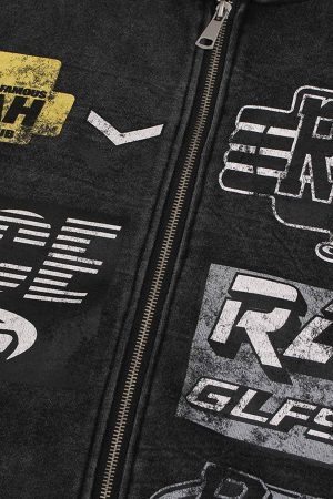 Concert Outfit Washed Racing Zip Up Hoodie