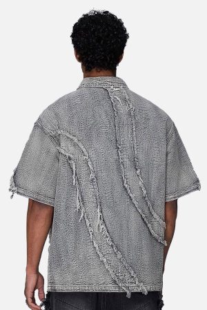 Concert Outfit Washed Raw Edge Denim Shirt