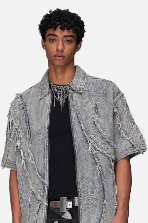 Concert Outfit Washed Raw Edge Denim Shirt