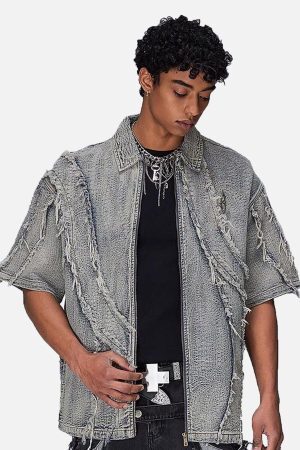 Concert Outfit Washed Raw Edge Denim Shirt