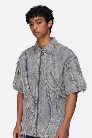 Concert Outfit Washed Raw Edge Denim Shirt