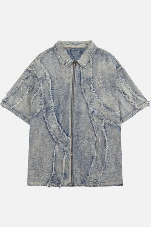 Concert Outfit Washed Raw Edge Denim Shirt